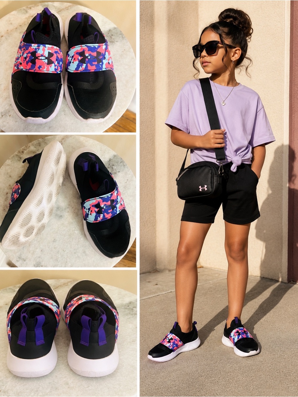 Girls Under Armour Slides Sneakers Size 5Y Black Multi Color Good Condition